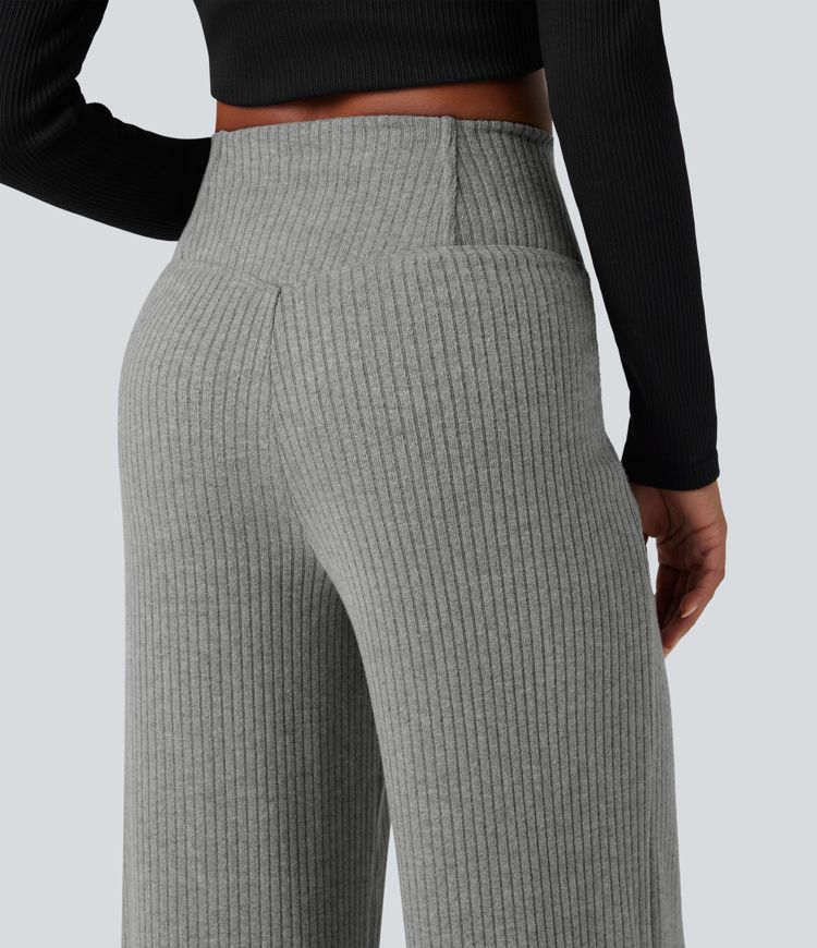 Pantalon décontracté en maille côtelée SoCinched, taille haute croisée à effet gainant pour le ventre, coupe droite, avec poches