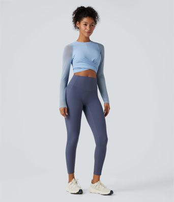 SoftlyZero™ Airy Round Neck Long Sleeve Contrast Mesh Cropped Cool Touch Yoga Sports Top-UPF50+