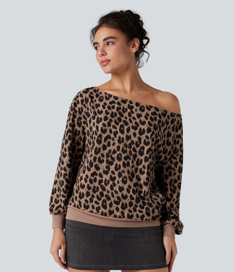 One-shoulder Long Sleeve Waffle Leopard Casual Sweatshirt with Pockets