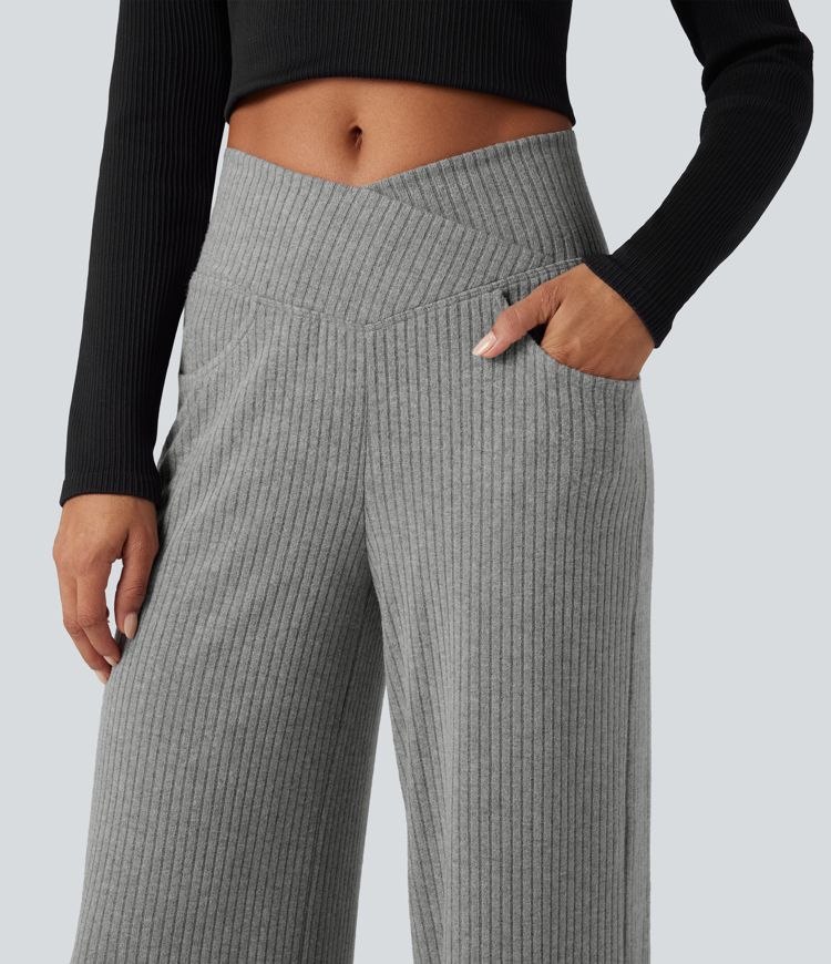 Ribbed Knit SoCinched High Waisted Crossover Tummy Control Straight Leg Casual Pants with Pockets