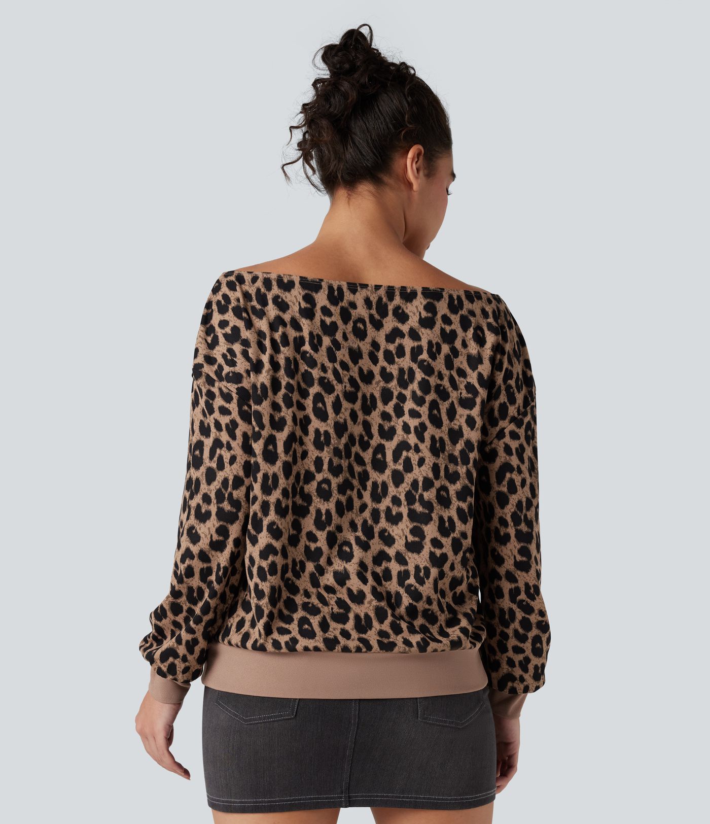 One-shoulder Long Sleeve Waffle Leopard Casual Sweatshirt with Pockets