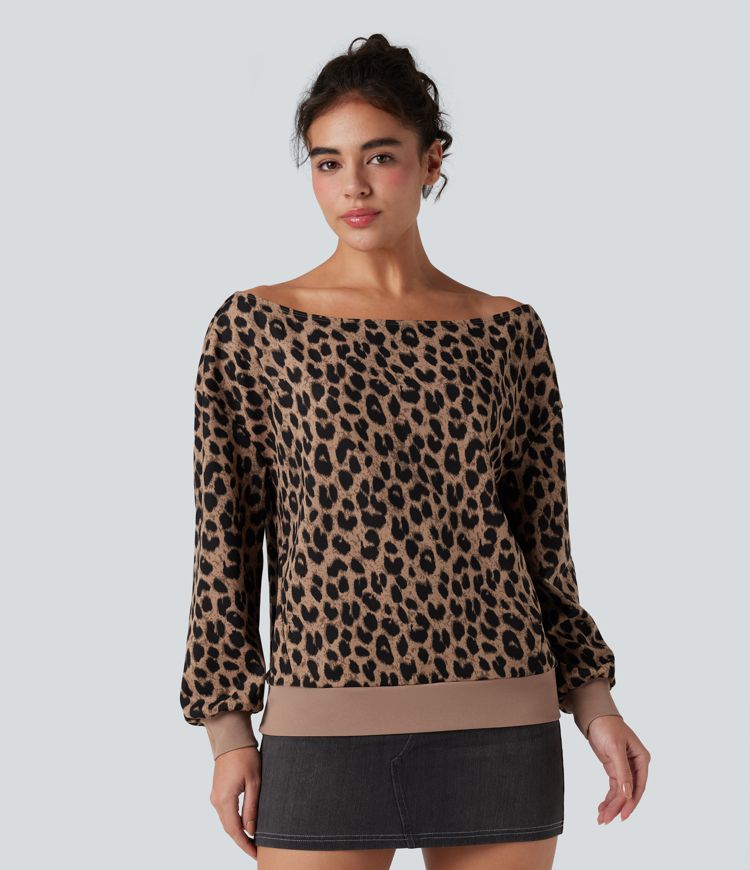 One-shoulder Long Sleeve Waffle Leopard Casual Sweatshirt with Pockets