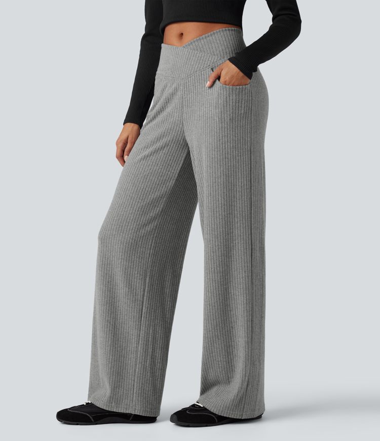 Ribbed Knit SoCinched High Waisted Crossover Tummy Control Straight Leg Casual Pants with Pockets