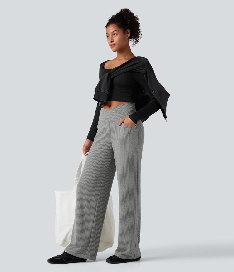 Pantalon décontracté en maille côtelée SoCinched, taille haute croisée à effet gainant pour le ventre, coupe droite, avec poches