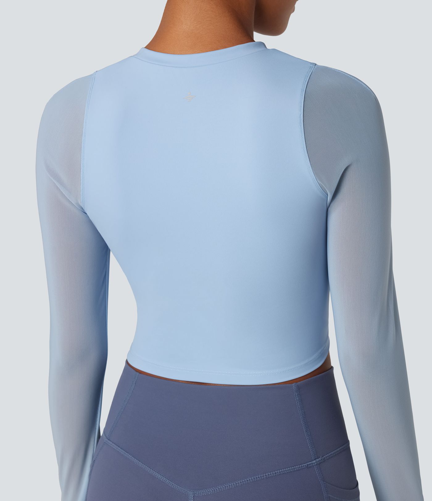 SoftlyZero™ Airy Round Neck Long Sleeve Contrast Mesh Cropped Cool Touch Yoga Sports Top-UPF50+