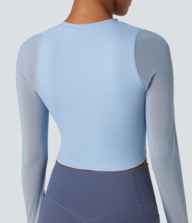 SoftlyZero™ Airy Round Neck Long Sleeve Contrast Mesh Cropped Cool Touch Yoga Sports Top-UPF50+