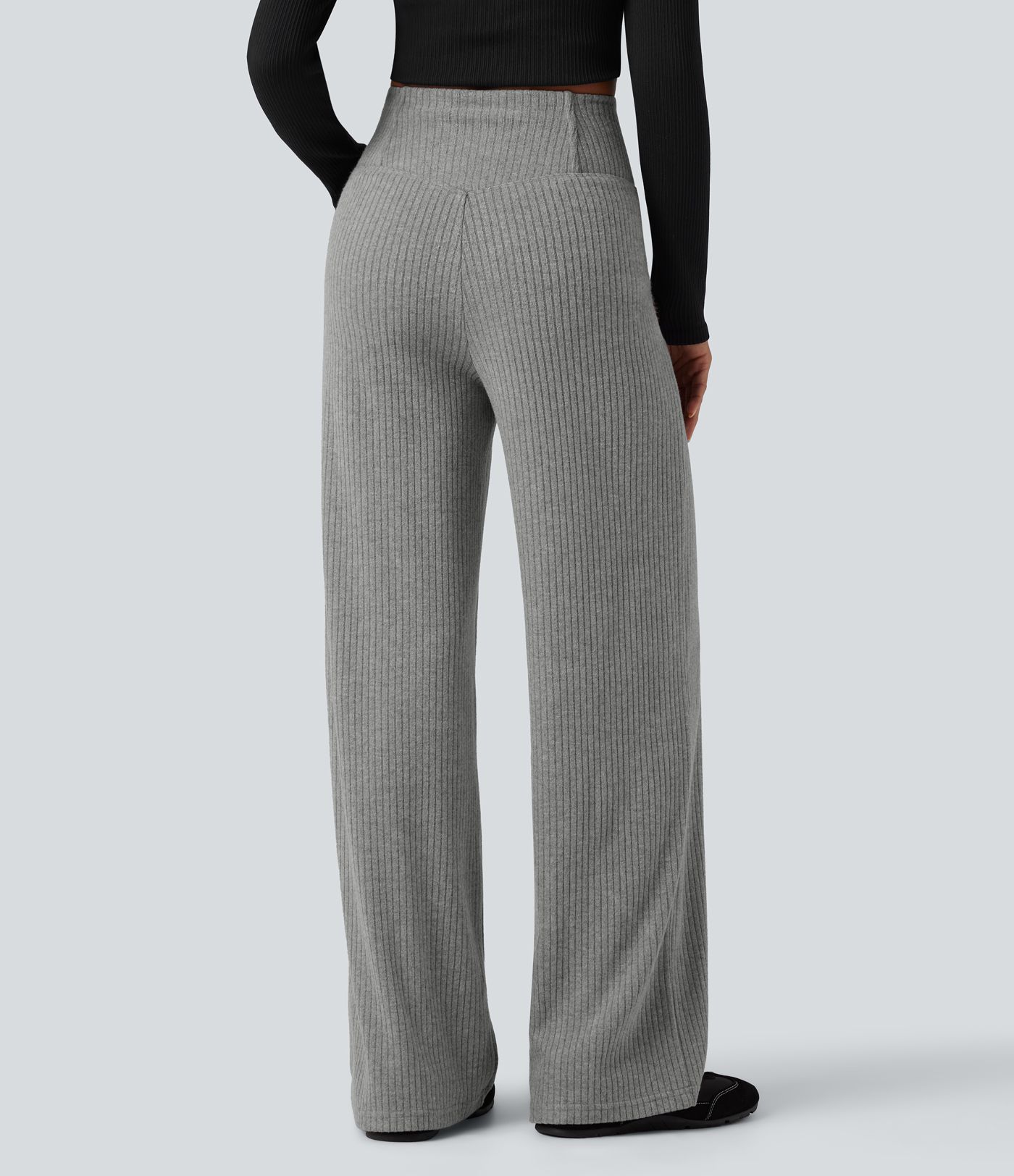 Pantalon décontracté en maille côtelée SoCinched, taille haute croisée à effet gainant pour le ventre, coupe droite, avec poches