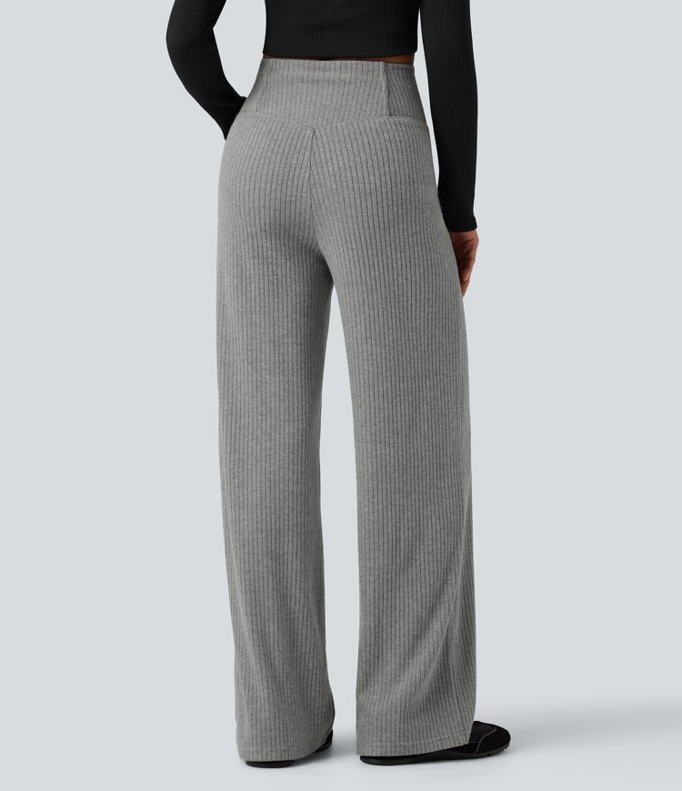 Ribbed Knit SoCinched High Waisted Crossover Tummy Control Straight Leg Casual Pants with Pockets