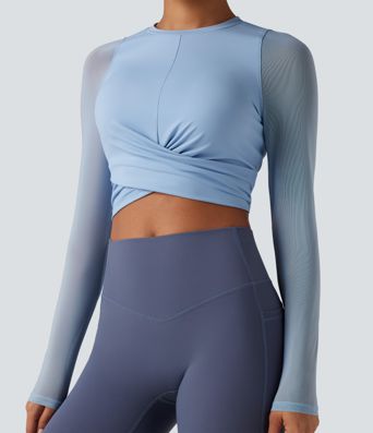 SoftlyZero™ Airy Round Neck Long Sleeve Contrast Mesh Cropped Cool Touch Yoga Sports Top-UPF50+