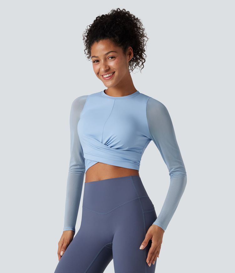 SoftlyZero™ Airy Round Neck Long Sleeve Contrast Mesh Cropped Cool Touch Yoga Sports Top-UPF50+