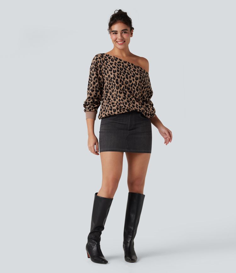 One-shoulder Long Sleeve Waffle Leopard Casual Sweatshirt with Pockets