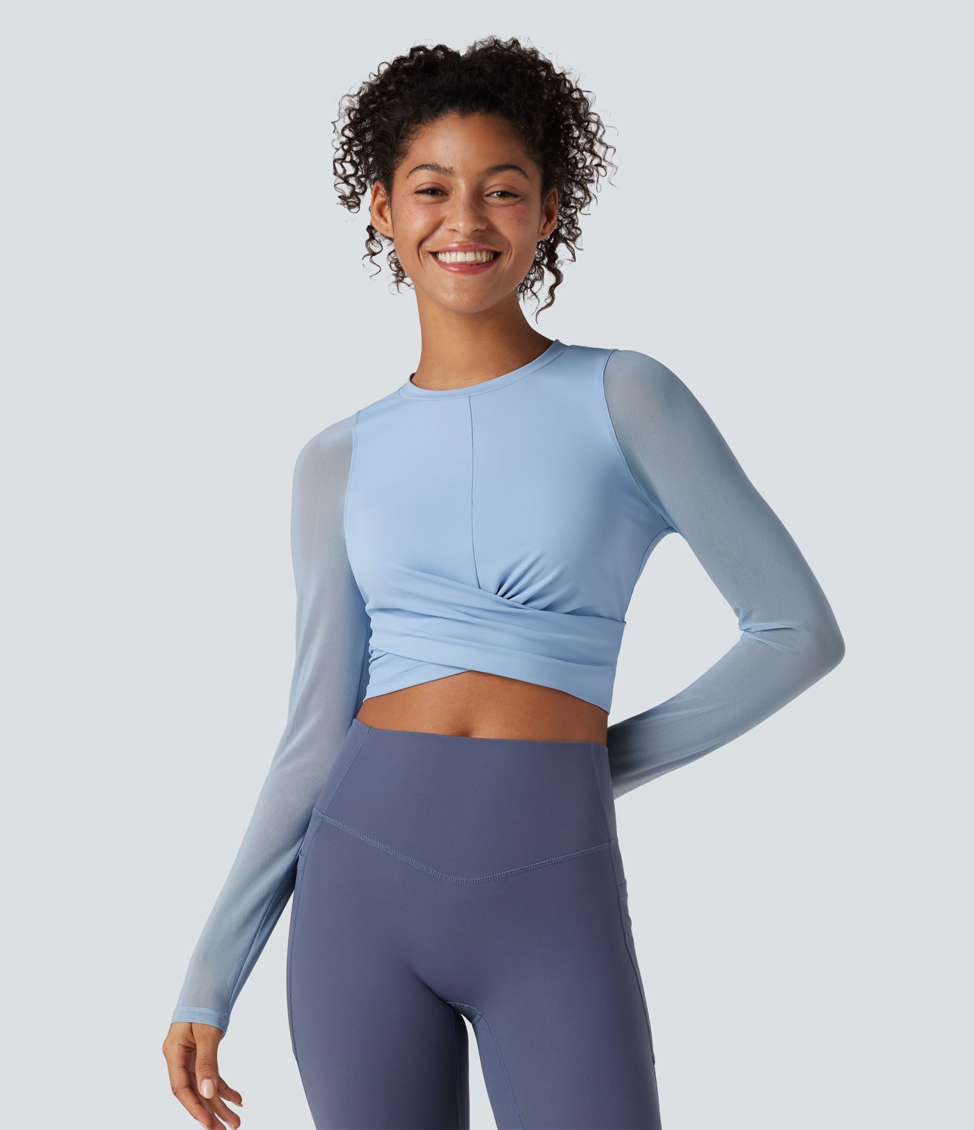 SoftlyZero™ Airy Round Neck Long Sleeve Contrast Mesh Cropped Cool Touch Yoga Sports Top-UPF50+