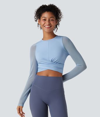 SoftlyZero™ Airy Round Neck Long Sleeve Contrast Mesh Cropped Cool Touch Yoga Sports Top-UPF50+