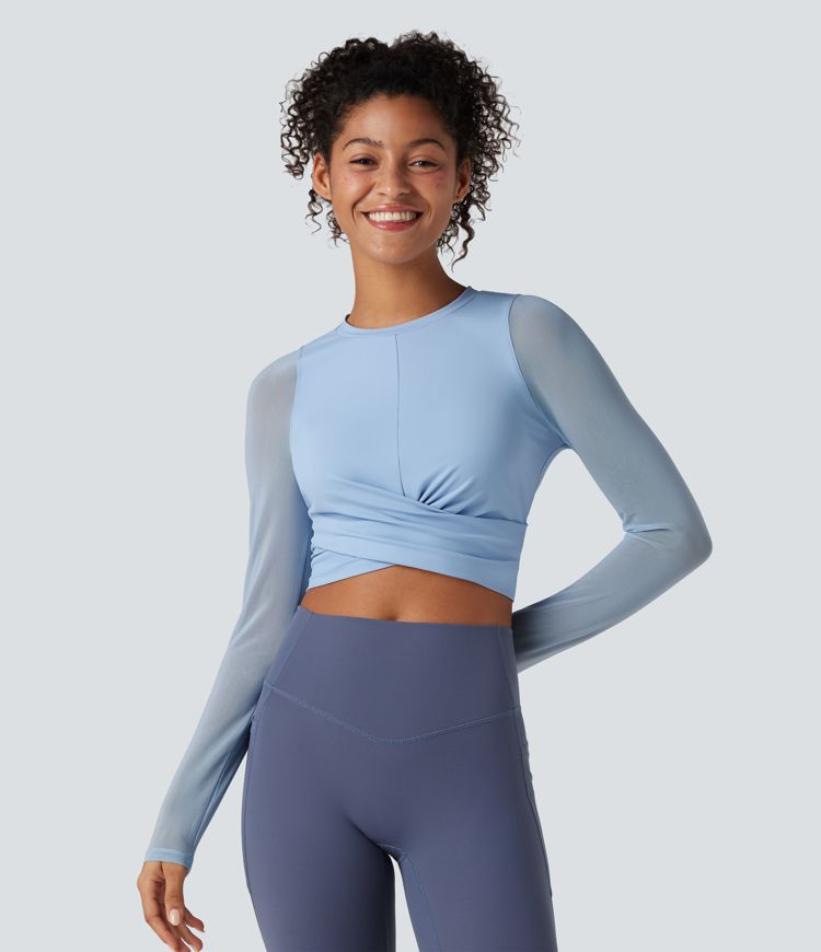 SoftlyZero™ Airy Round Neck Long Sleeve Contrast Mesh Cropped Cool Touch Yoga Sports Top-UPF50+