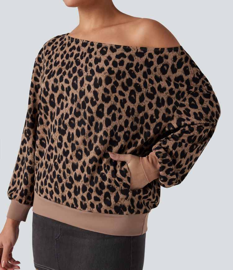One-shoulder Long Sleeve Waffle Leopard Casual Sweatshirt with Pockets