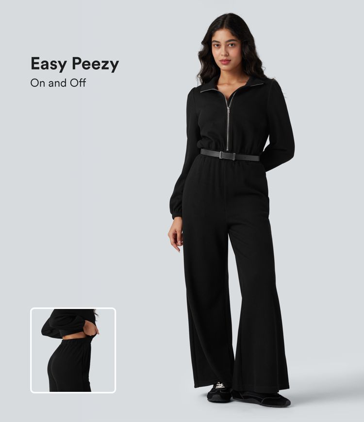 Half Zip Long Sleeve Wide Leg Casual Jumpsuit with Pockets-Easy Peezy Edition