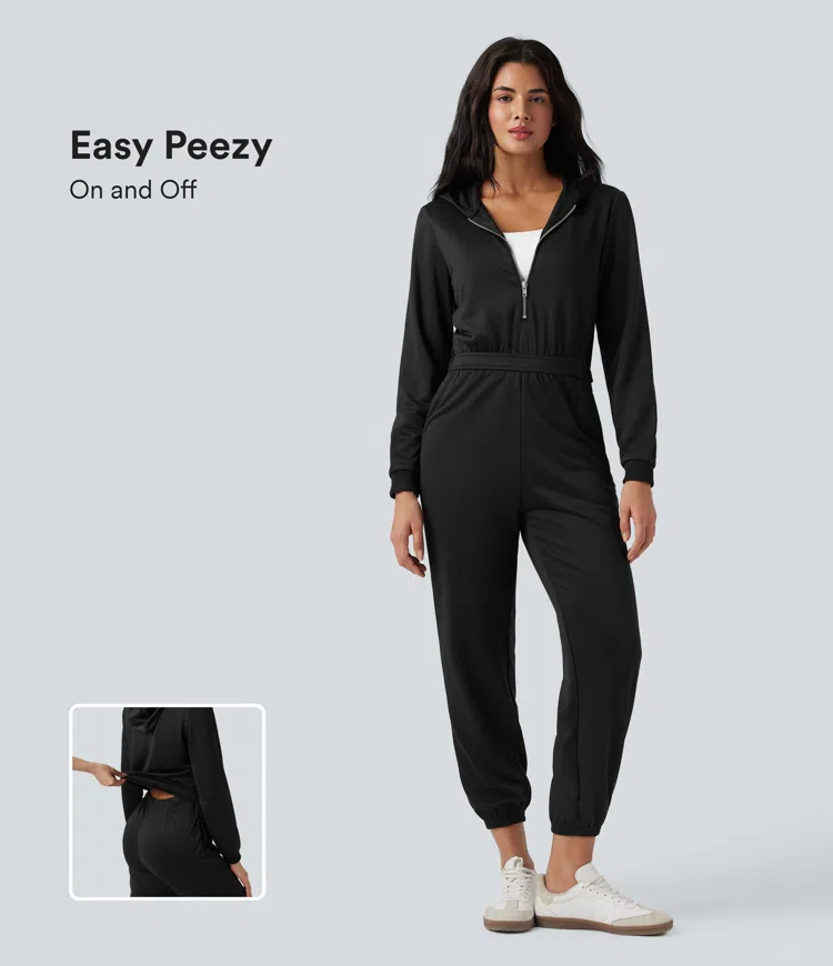 Sort Casual jogger-jumpsuit med hætte, lange ærmer og lommer — Easy Peezy-udgave / 1