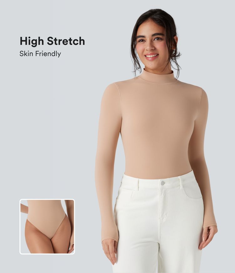 High Stretch Skin Friendly Mock-neck Long Sleeve Skinny Casual Bodysuit