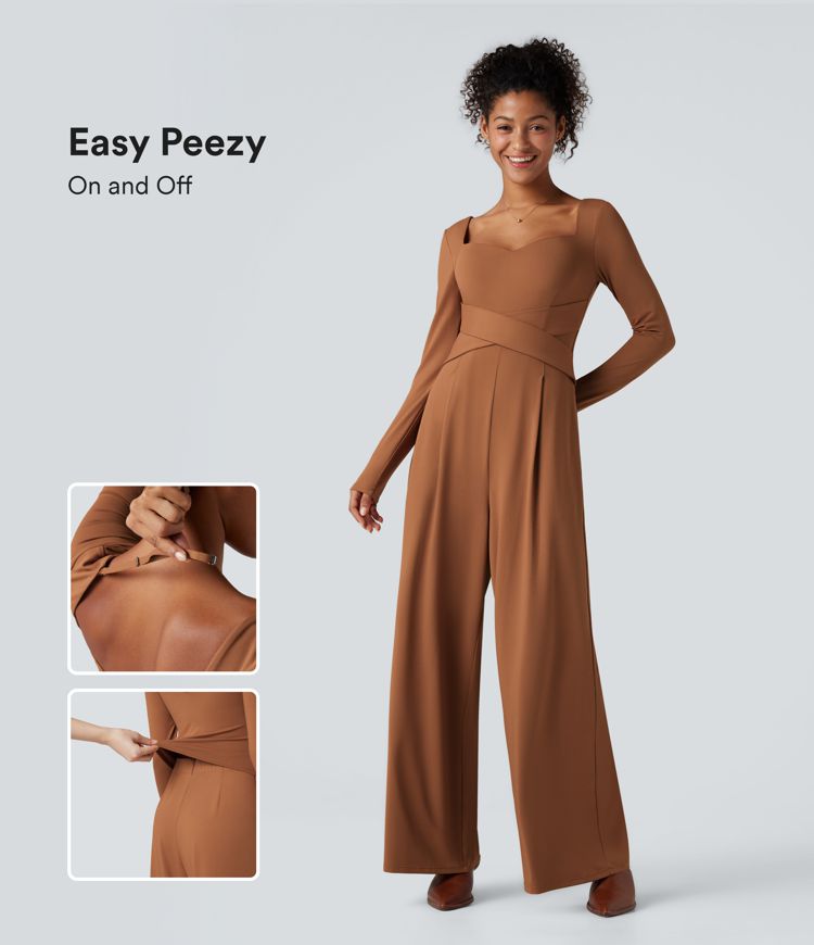 U Back Long Sleeve Casual Jumpsuit with Pockets-Easy Peezy Edition