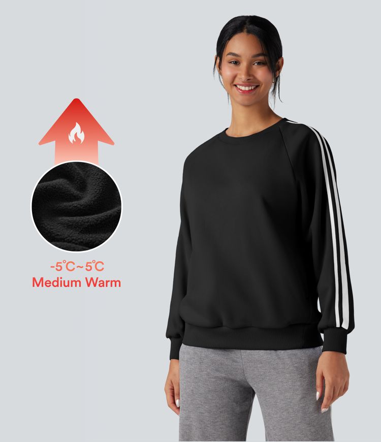 Round Neck Long Sleeve Color Block Fleece Casual Sweatshirt with Pockets