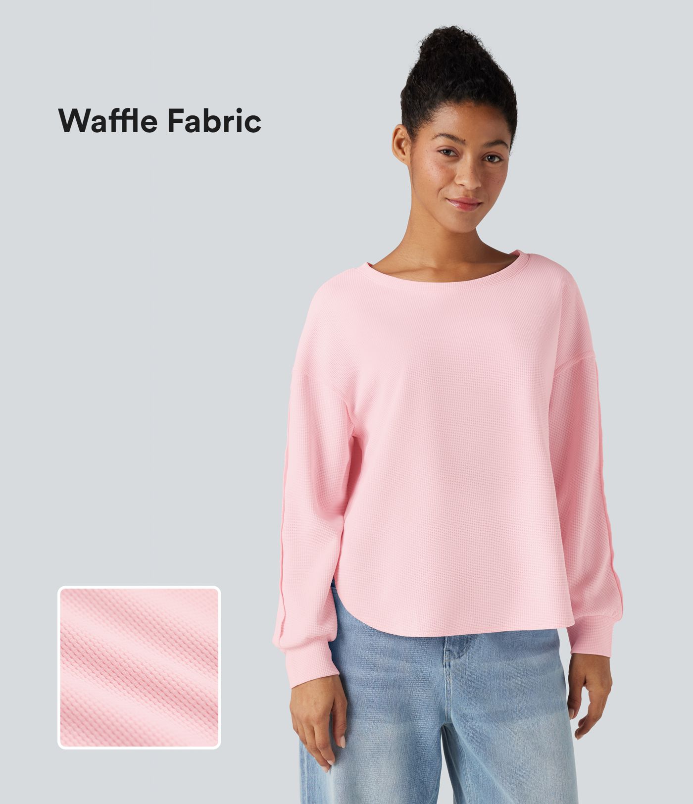 Round Neck Long Sleeve Curved Hem Waffle Casual Top