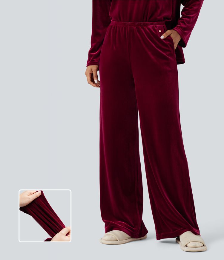 High Waisted Velvet Casual Baggy Lounge Pants with Pockets