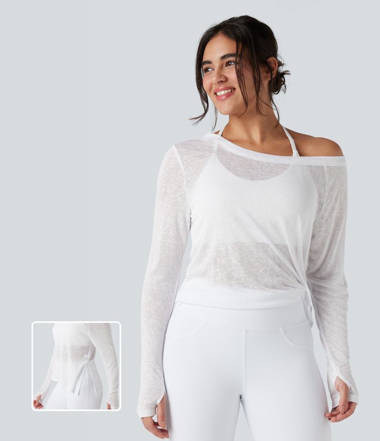 Sheer One Shoulder Long Sleeve Thumb Hole Yoga Sports Top