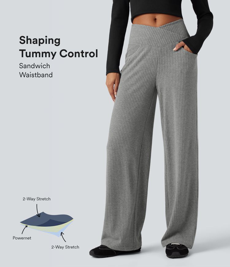 Pantalon décontracté en maille côtelée SoCinched, taille haute croisée à effet gainant pour le ventre, coupe droite, avec poches