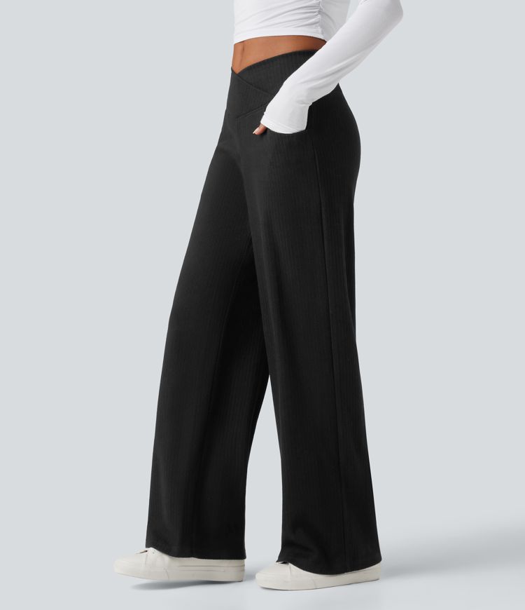 Ribbed Knit High Waisted Crossover Tummy Control Straight Leg Casual Pants with Pockets