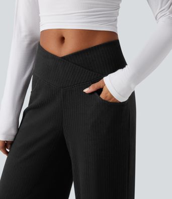 Ribbed Knit High Waisted Crossover Tummy Control Straight Leg Casual Pants with Pockets