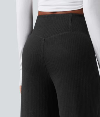 Ribbed Knit High Waisted Crossover Tummy Control Straight Leg Casual Pants with Pockets