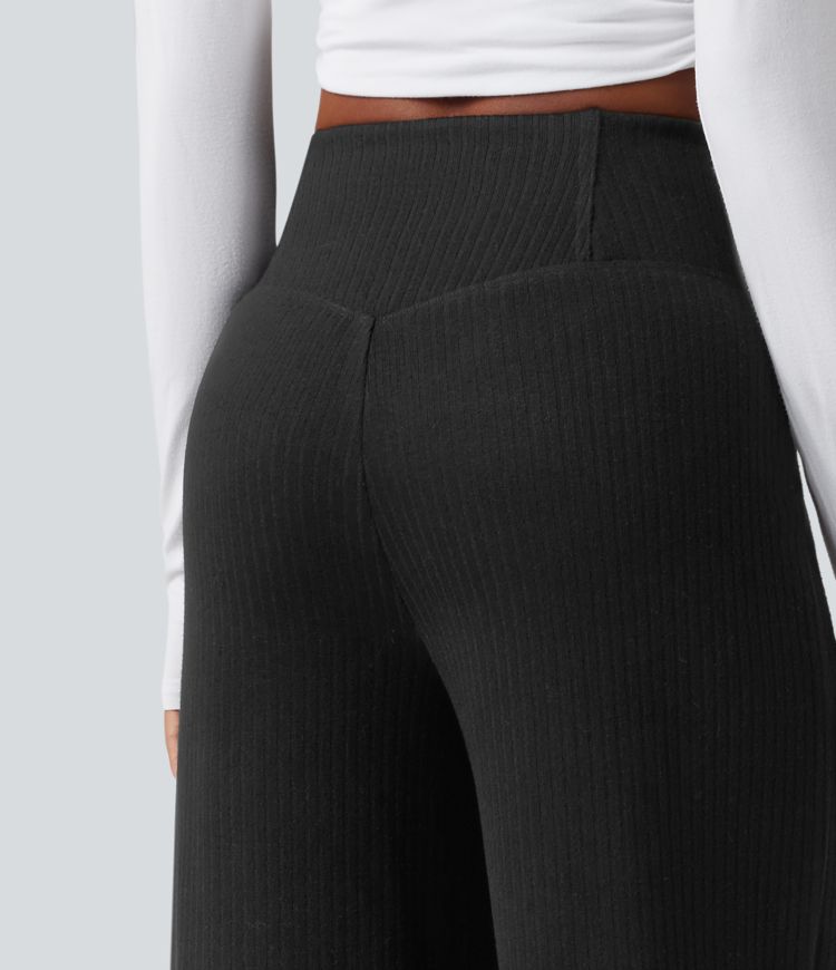 Ribbed Knit High Waisted Crossover Tummy Control Straight Leg Casual Pants with Pockets