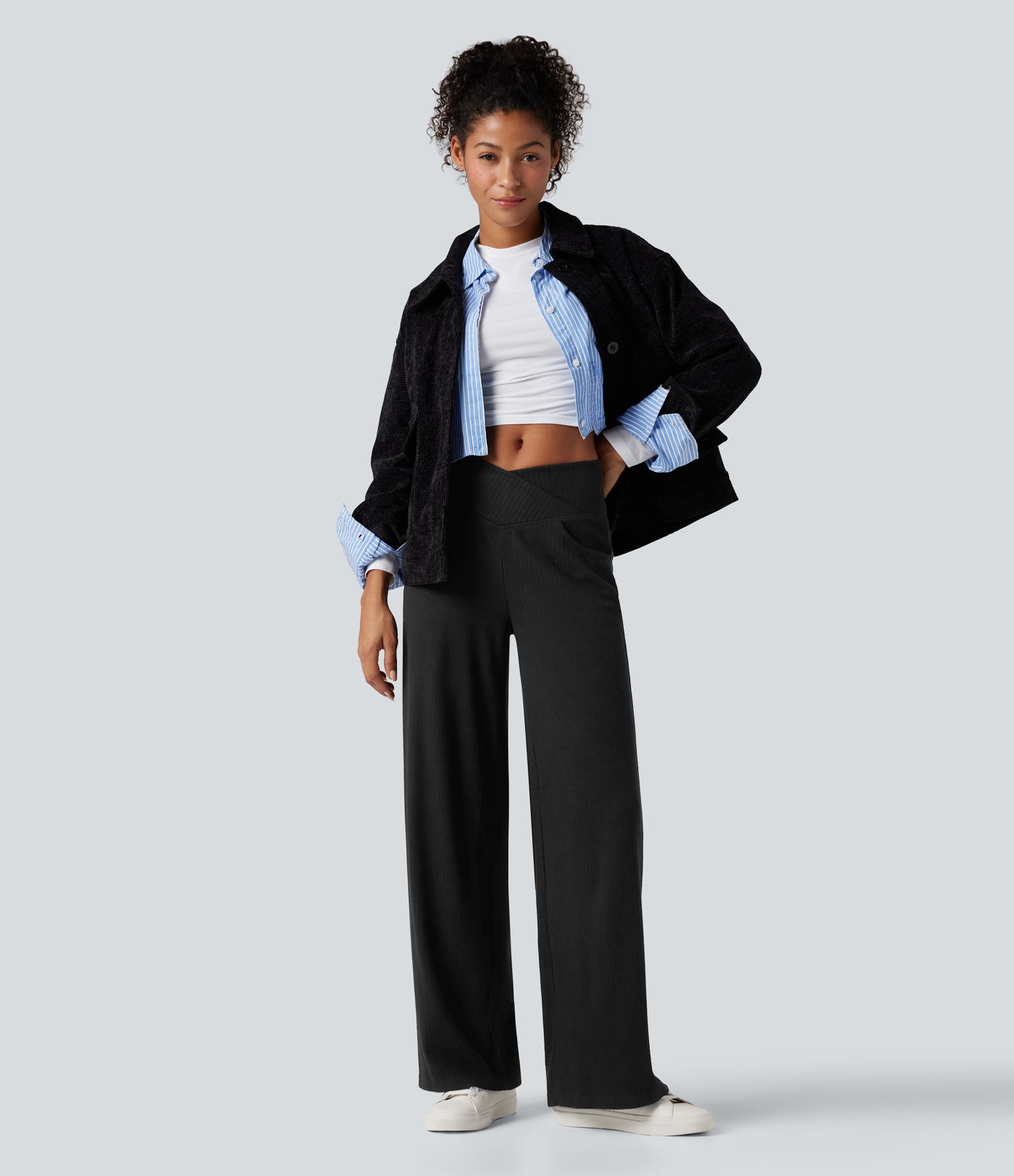 Ribbed Knit High Waisted Crossover Tummy Control Straight Leg Casual Pants with Pockets