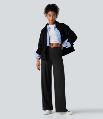 Ribbed Knit High Waisted Crossover Tummy Control Straight Leg Casual Pants with Pockets