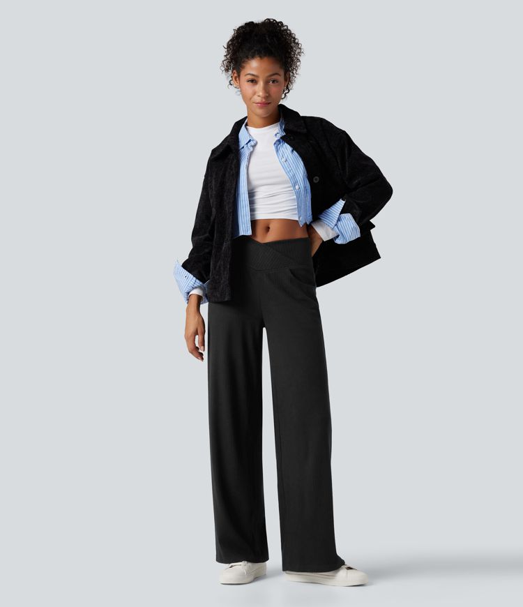 Ribbed Knit High Waisted Crossover Tummy Control Straight Leg Casual Pants with Pockets