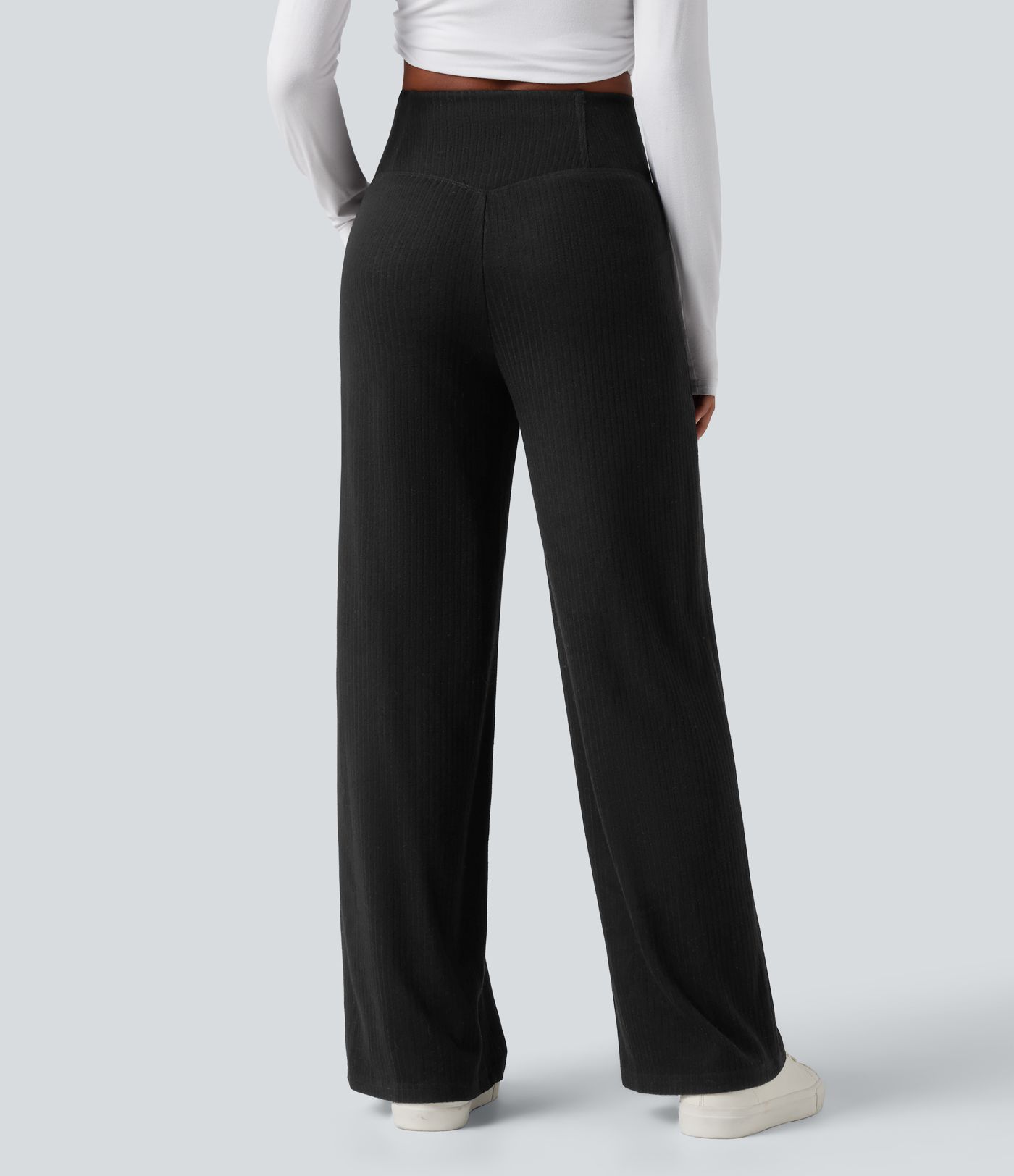 Ribbed Knit High Waisted Crossover Tummy Control Straight Leg Casual Pants with Pockets