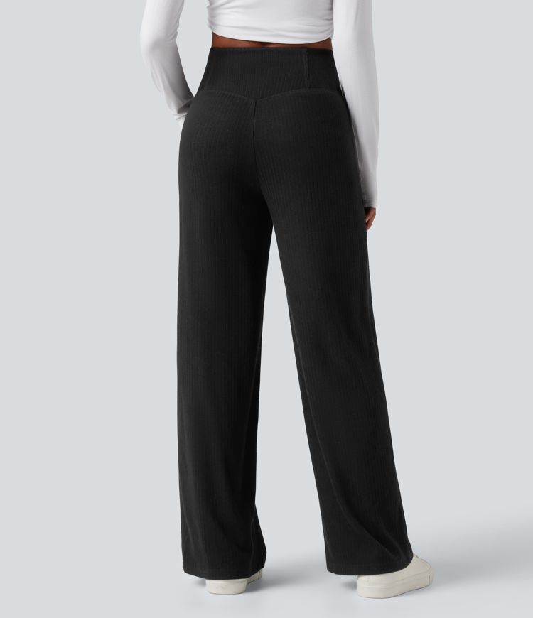 Ribbed Knit High Waisted Crossover Tummy Control Straight Leg Casual Pants with Pockets
