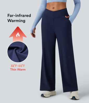 V-Shaped High Waisted Fleece Yoga Baggy Warming Pants with Pockets