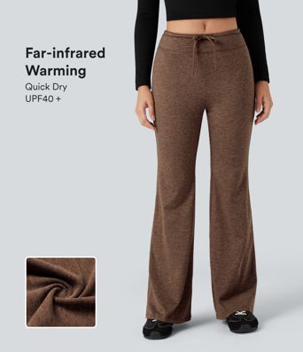 Mid Rise Drawstring Quick Dry Fleece Heathered Flare Lounging Pants-UPF40+