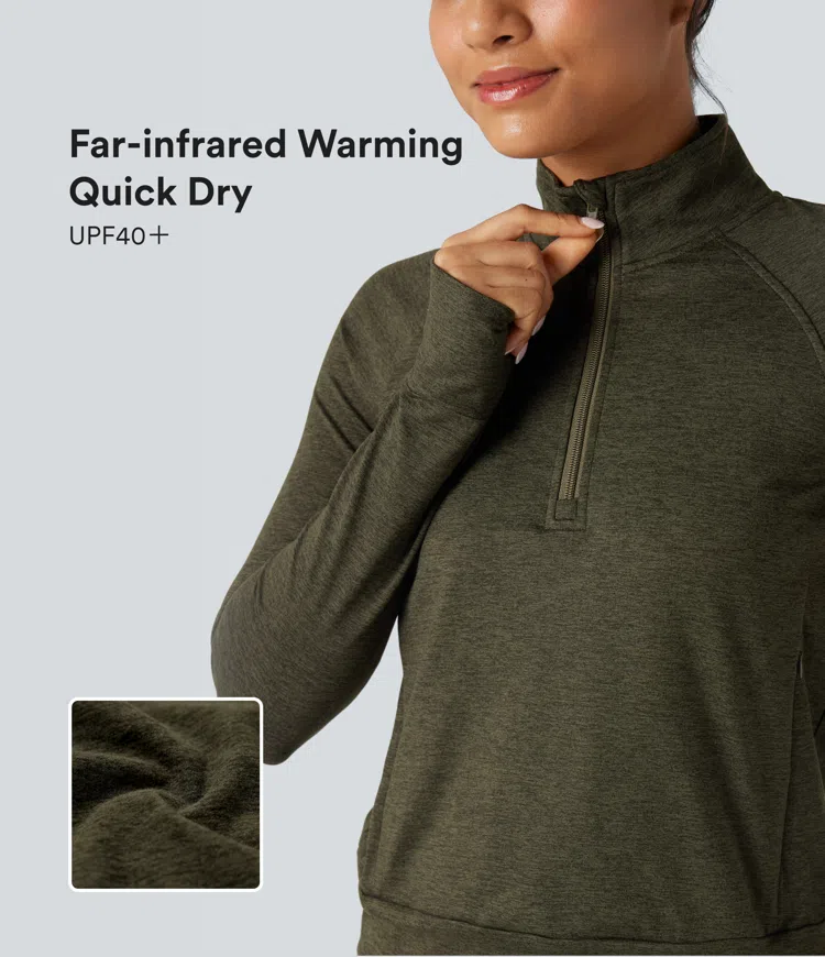 Half Zipper Thumb Holes Quick Dry Fleece Casual Heathered Sweatshirt with Pockets-UPF40+