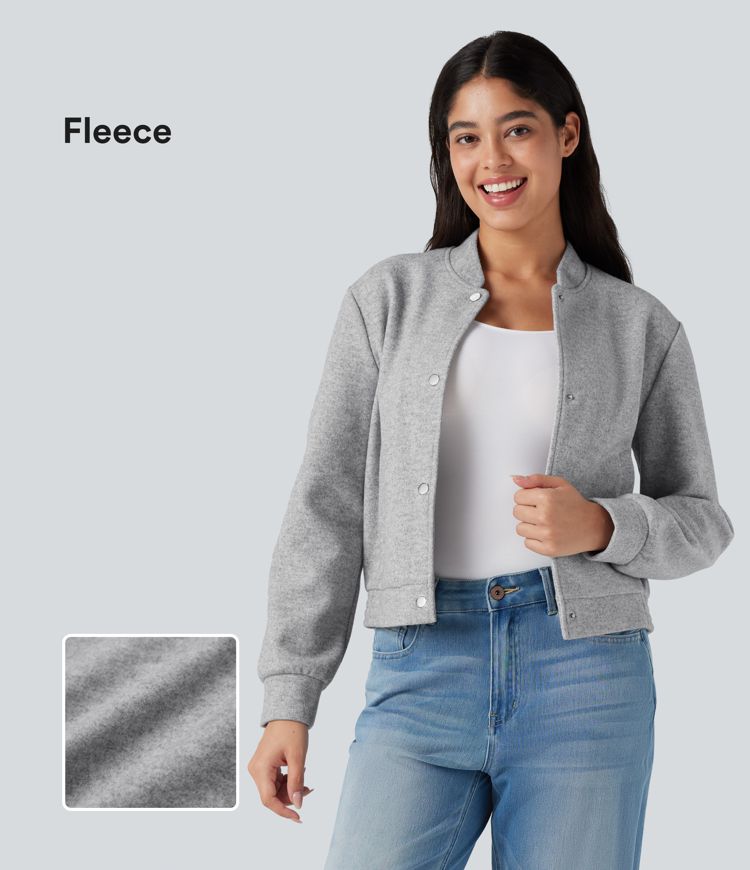 Stand Collar Long Sleeve Fleece Casual Bomber Jacket with Pockets