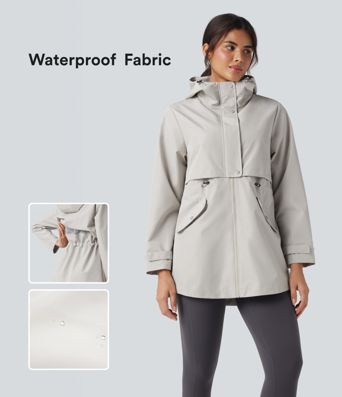 Waterproof Hooded Contrast Mesh Drawstring Hiking Windbreaker Jacket with Pockets