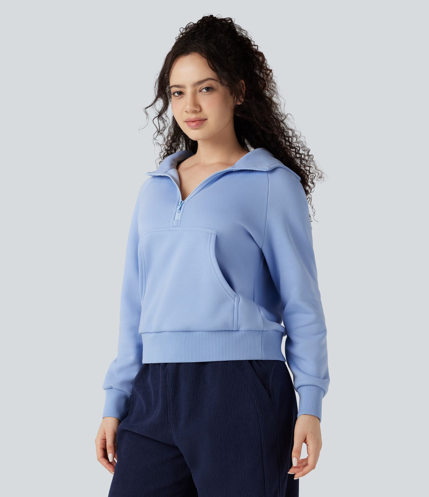 Hooded Half Zip Long Sleeve Fleece Casual Cotton Sweatshirt with Pocket