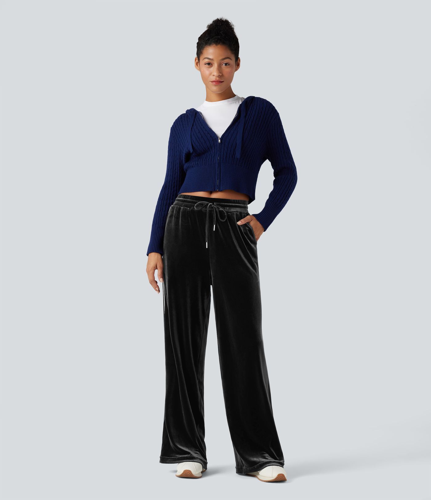 Mid Rise Drawstring Straight Leg Velvet Casual Trousers with Pockets