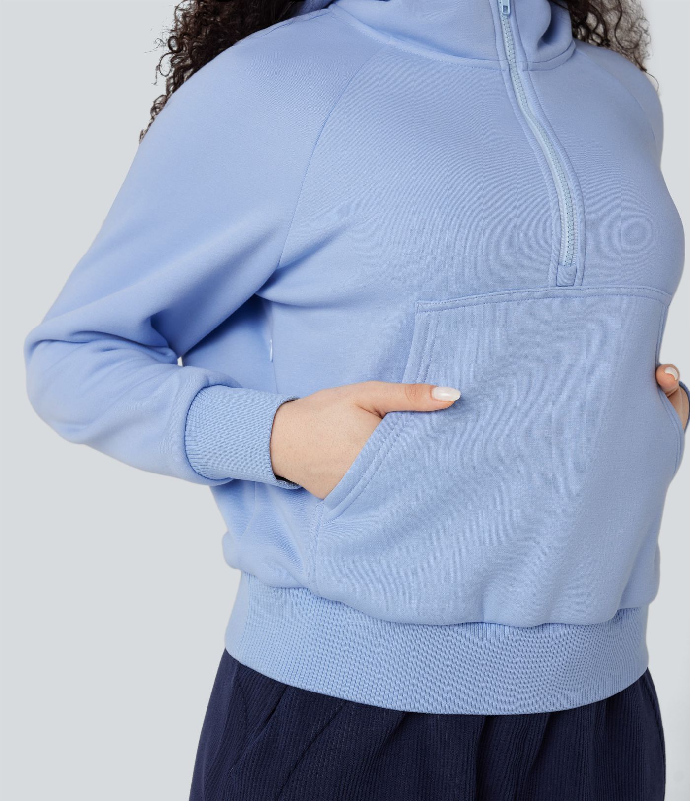 Hooded Half Zip Long Sleeve Fleece Casual Cotton Sweatshirt with Pocket