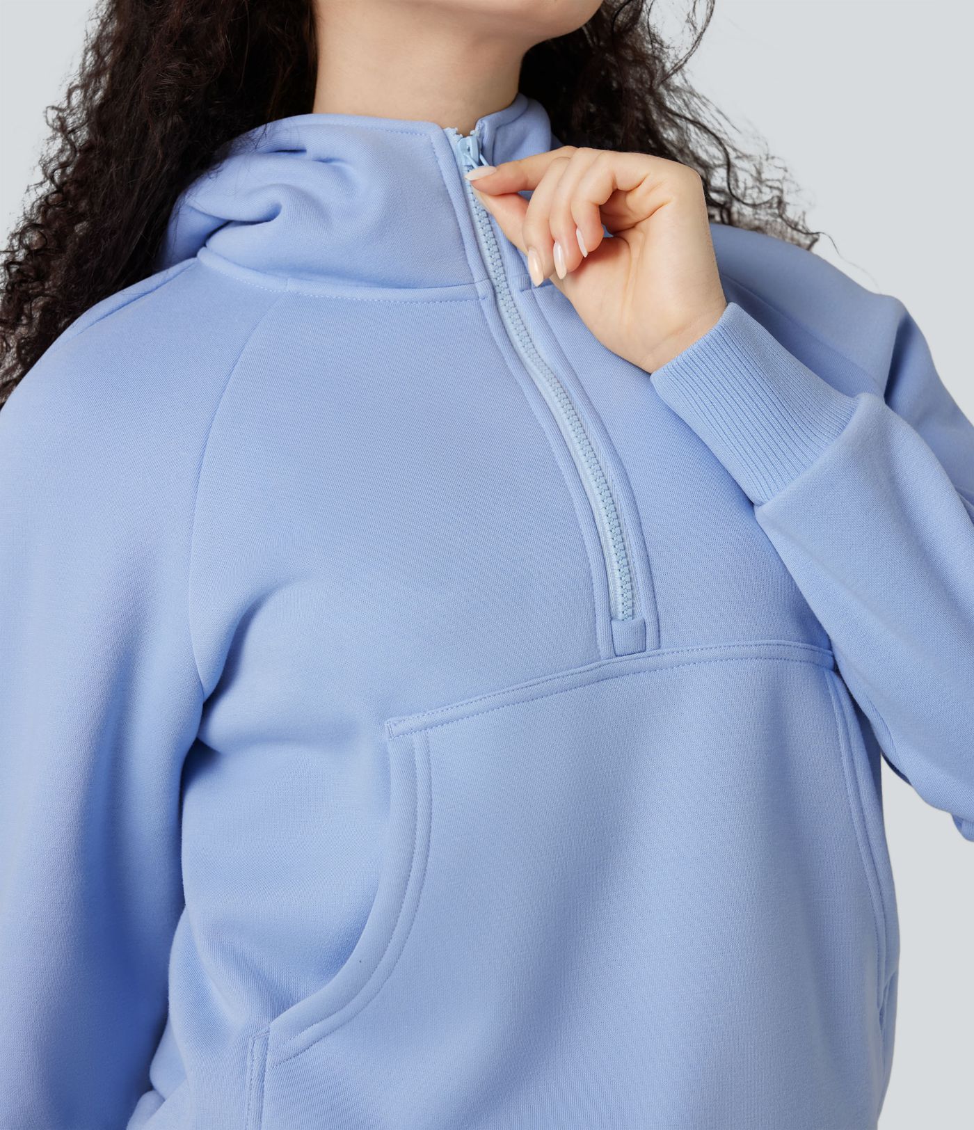 Hooded Half Zip Long Sleeve Fleece Casual Cotton Sweatshirt with Pocket