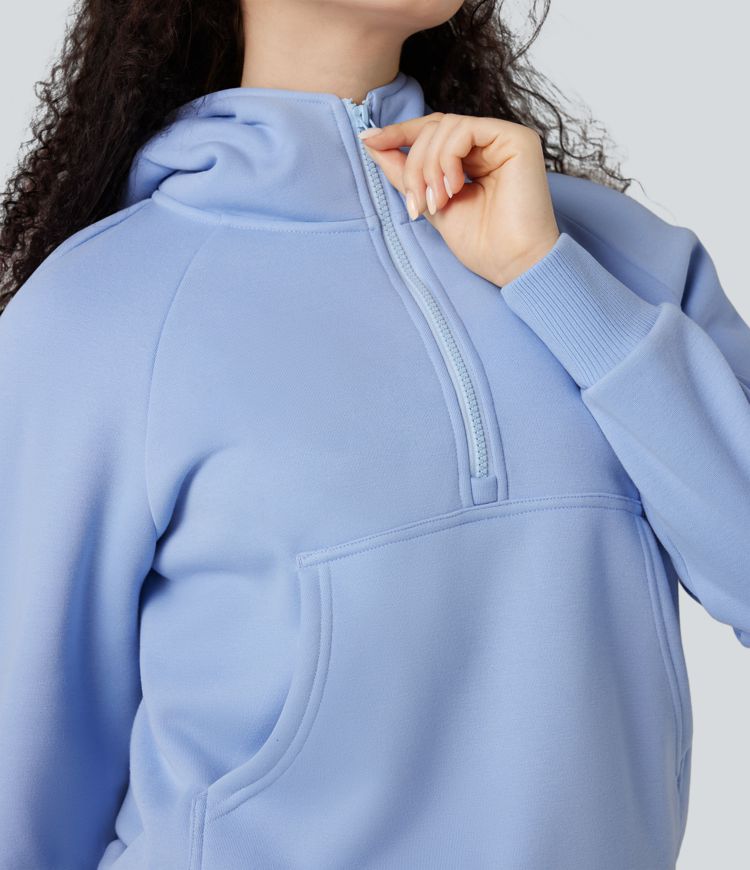 Hooded Half Zip Long Sleeve Fleece Casual Cotton Sweatshirt with Pocket