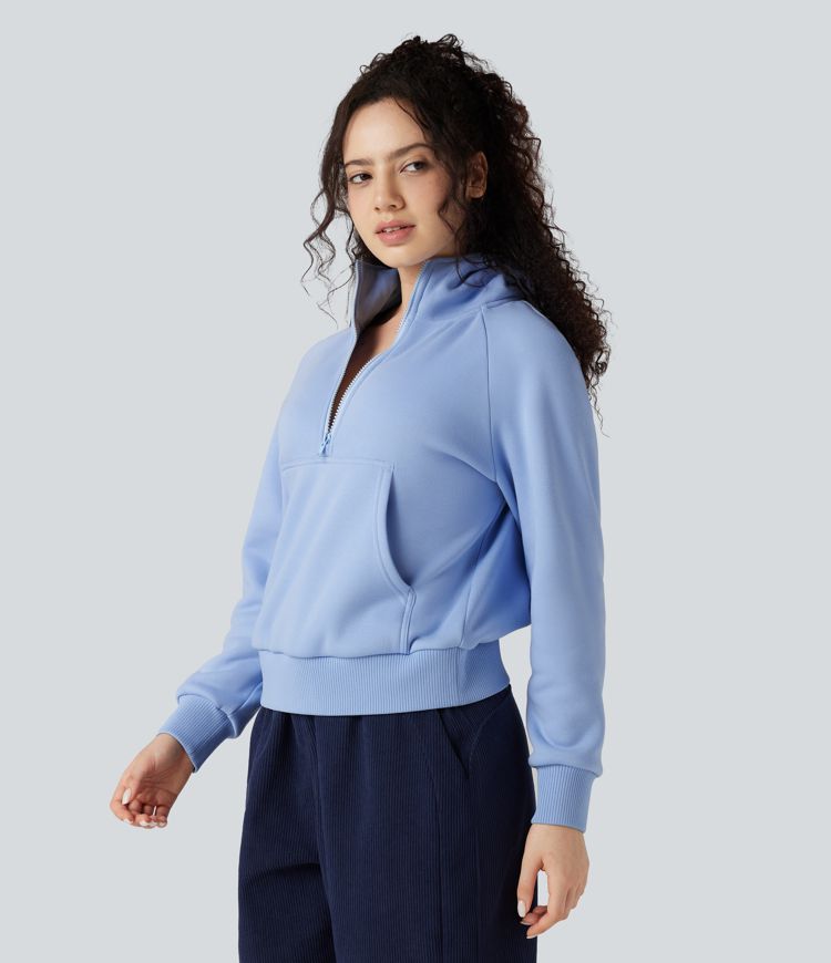 Hooded Half Zip Long Sleeve Fleece Casual Cotton Sweatshirt with Pocket