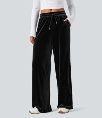 Mid Rise Drawstring Straight Leg Velvet Casual Trousers with Pockets