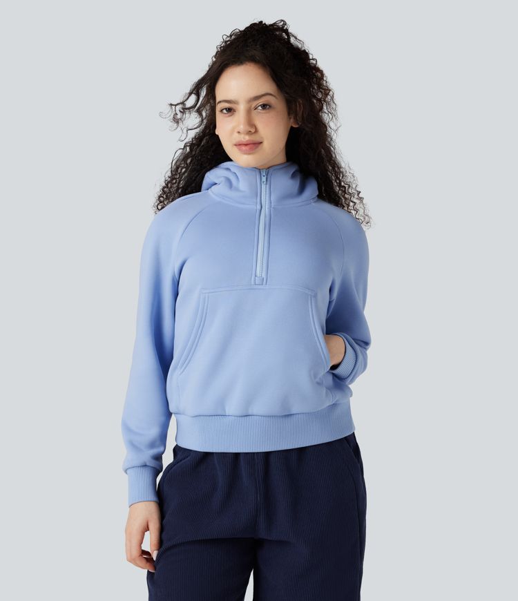 Hooded Half Zip Long Sleeve Fleece Casual Cotton Sweatshirt with Pocket